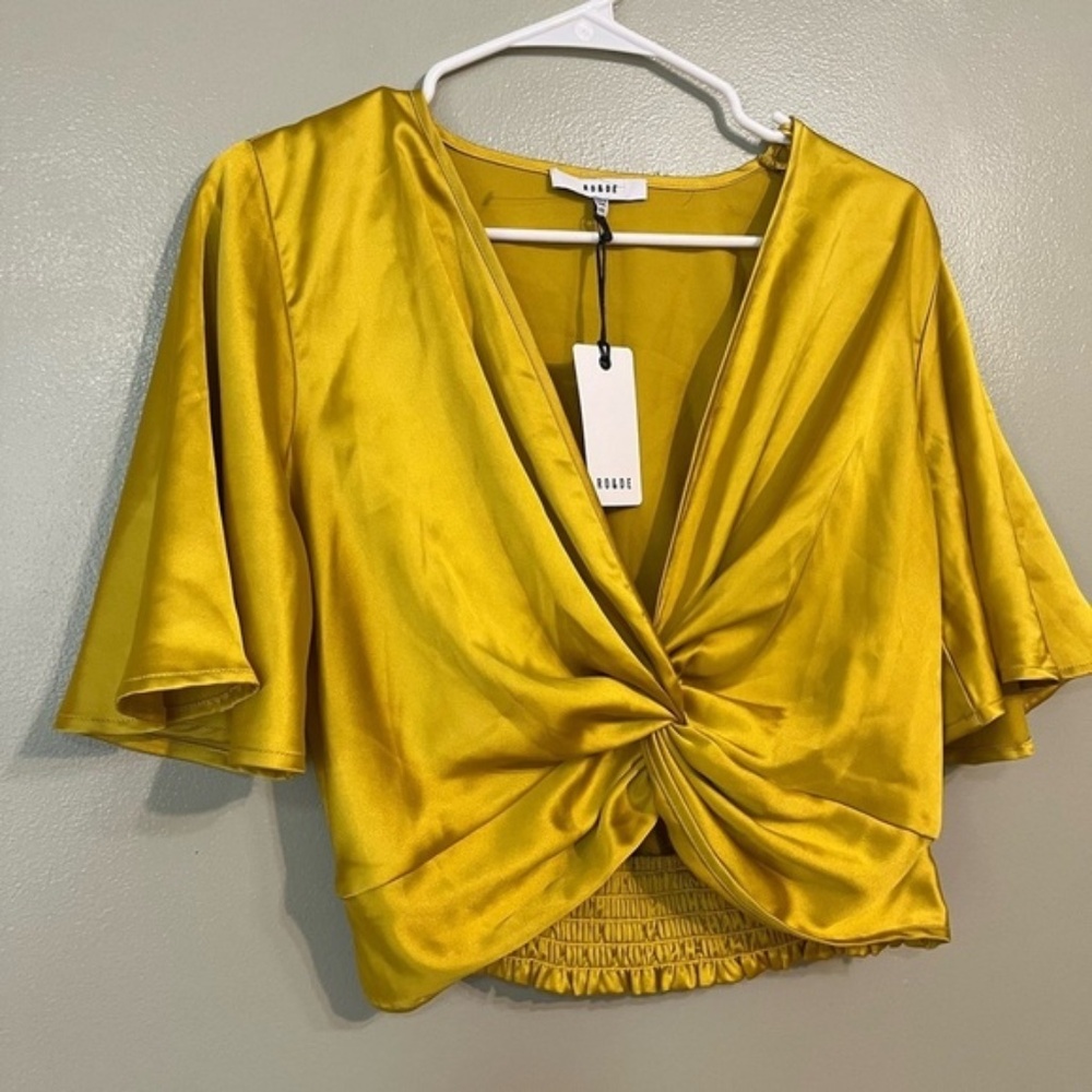 Ro & De Yellow Satin Twist Front Crop Top Short Sleeves XS NWT